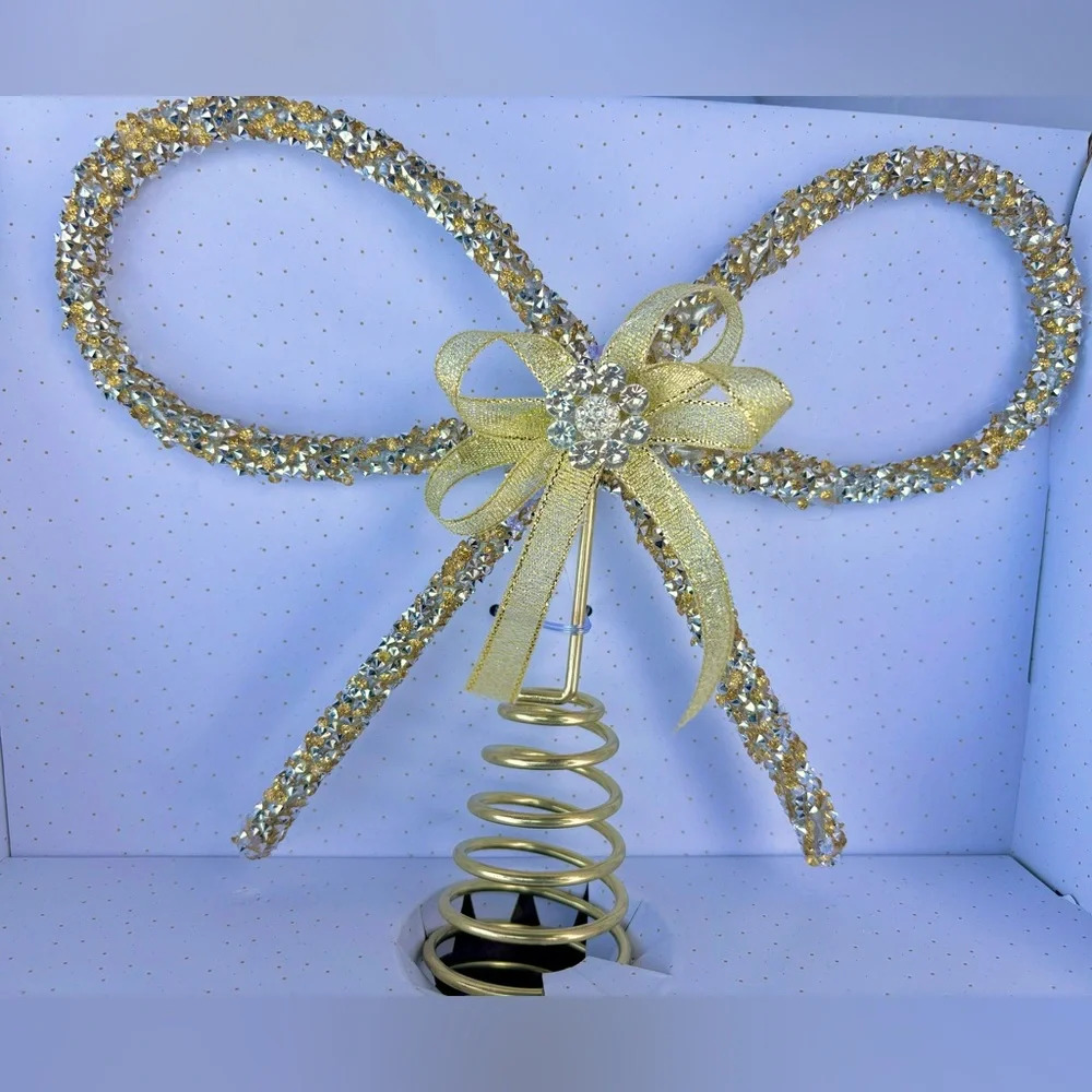 Christian Siriano Style Rhinestone Gold Bow Christmas Tree Topper Elegan…